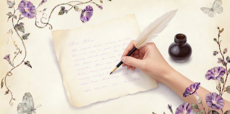 Une main écrit une lettre à la plume sur un papier aux volubilis
