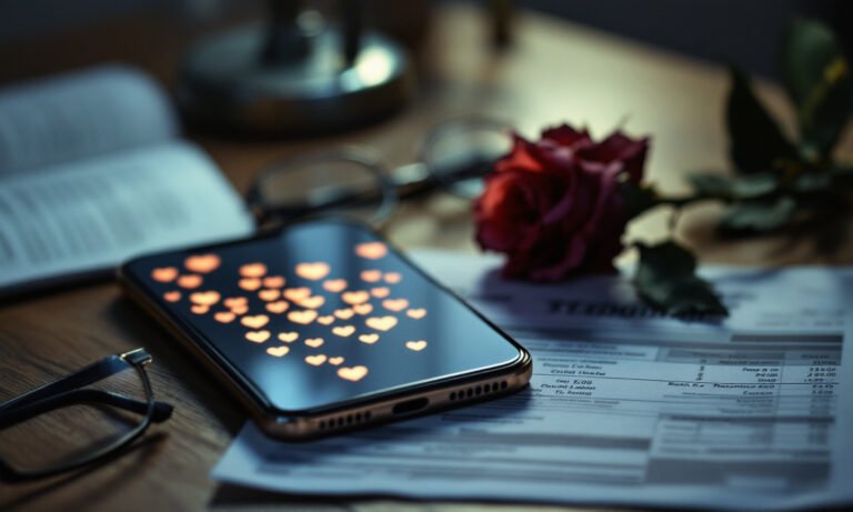 Un téléphone couvert de petits cœurs posé sur un relevé de banque, à côté de lunettes et d’\une rose