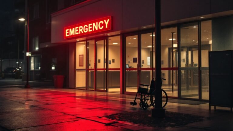 L entrée des urgences d un hôpital la nuit, une enseigne rouge EMERGENCY et un fauteuil roulant vide devant les portes vitrées